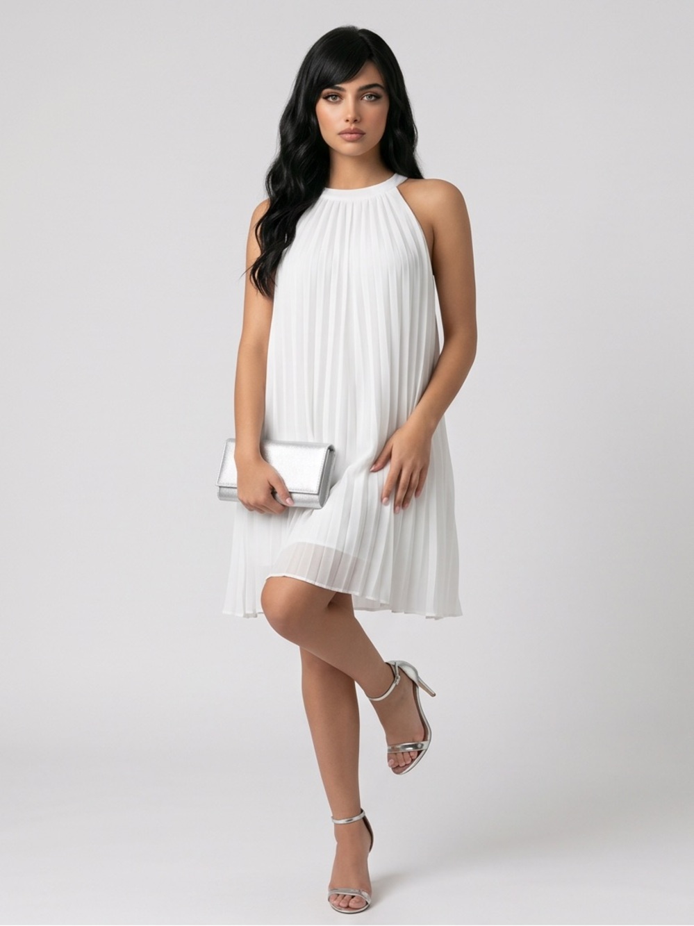 Pleated Halter Mini Dress in White